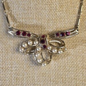 Vintage Coro Faux Pearl and Red Gemstone Necklace